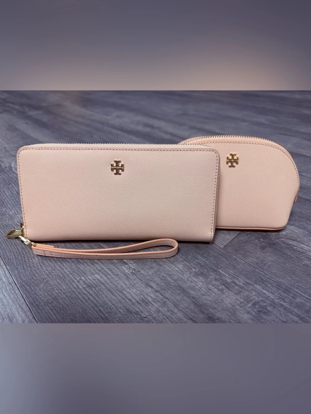Tory Burch Powder Pink Saffiano Wristlet Wallet with Matching Pouch